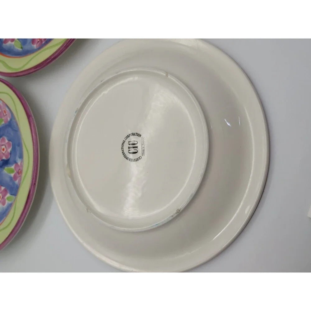 3 Vtg CIC Coupe Dinner Plates  Green Rim Pink Flowers Spring Summer Floral